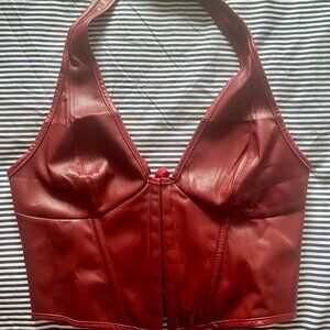 MY Red Faux Leather Halter Corset Top | Lace-Up Back | Structured Bustier